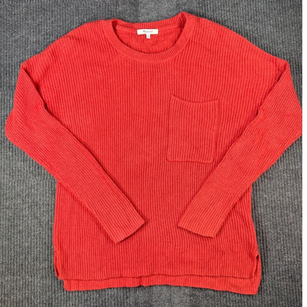 Madewell Womens Red Ribbed Knit Crewneck Pocket Sweater Size M Relaxed Fit